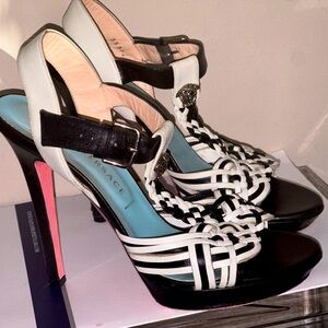 Versace, black and white open toe 5 inch heels
